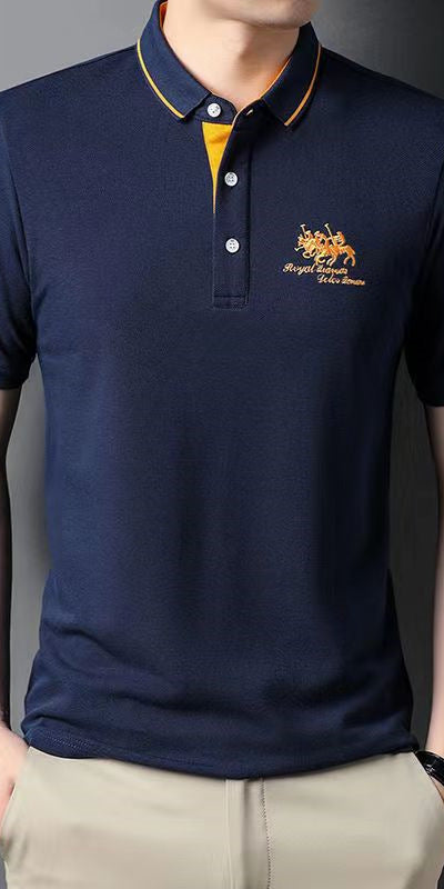 Polo homme grande taille, manches courtes, col à revers, brodé, style business casual, tenue idéale pour homme d'âge moyen.