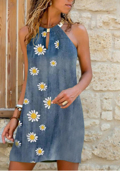 Robe ample sans manches à col halter métallique imprimé, nouvelle collection printemps-été, style européen et américain, vêtement féminin très tendance.