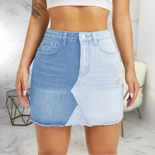 Jupe en Jean Stretch Bicolore  Coupe Mi-Longue & Effet Sculptant