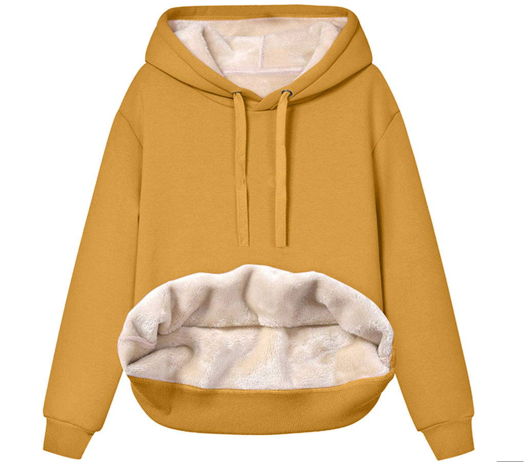 Sweat à capuche épais pour femme  Style européen et américain, cordon de serrage, couleur unie, doublure polaire chaude, parfait pour lautomne et lhiver