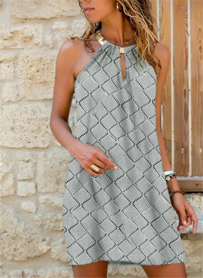 Robe ample sans manches à col halter métallique imprimé, nouvelle collection printemps-été, style européen et américain, vêtement féminin très tendance.