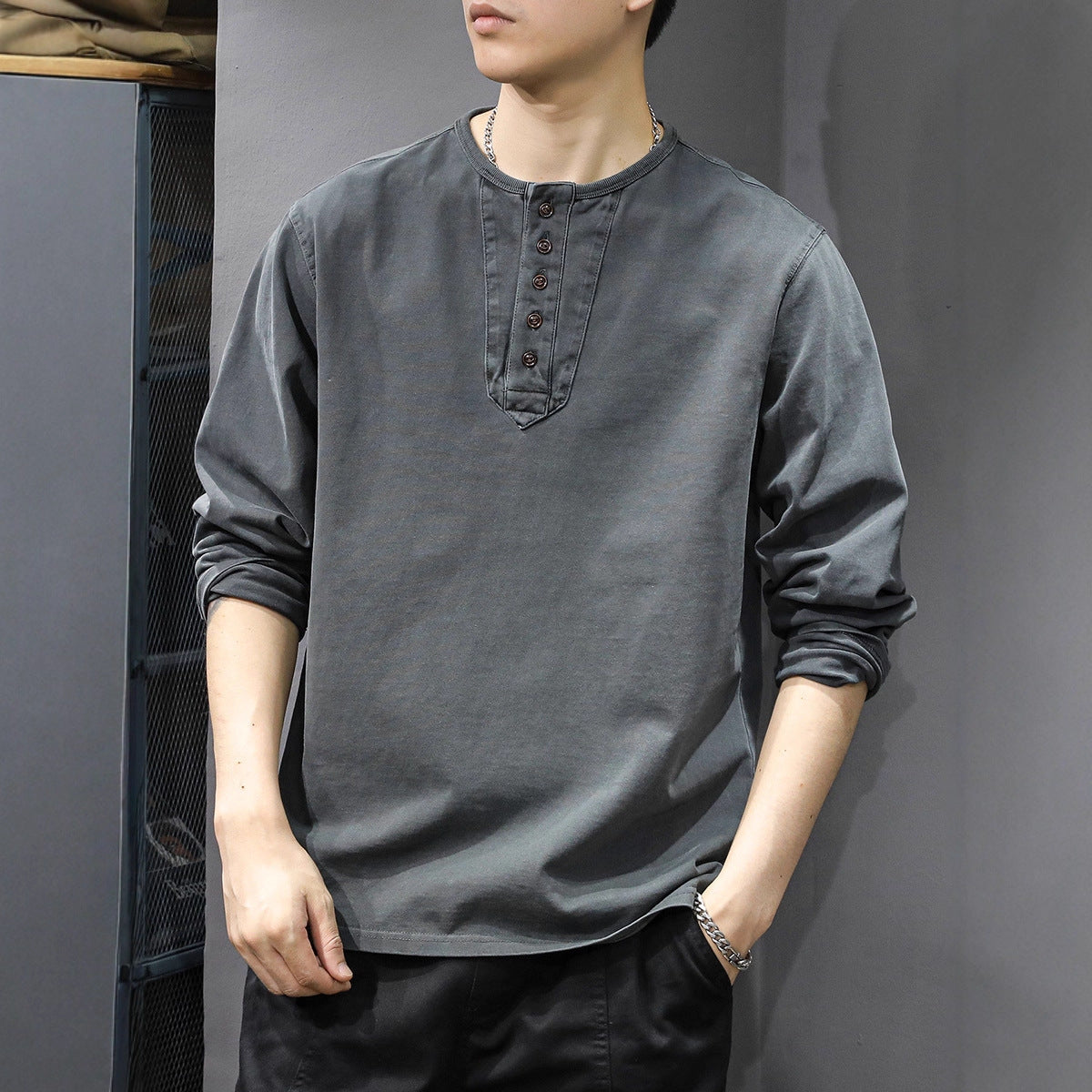 T-shirt à manches longues pour homme  En coton léger, coupe ample, col Henley, style décontracté et tendance