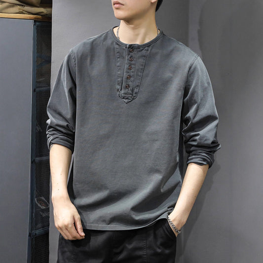 T-shirt à manches longues pour homme  En coton léger, coupe ample, col Henley, style décontracté et tendance