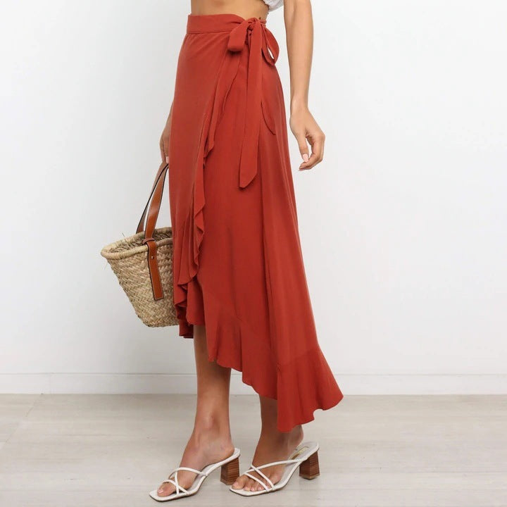 Jupe Élégante à Volants  Coupe Asymétrique & Tissu Uni Drapé