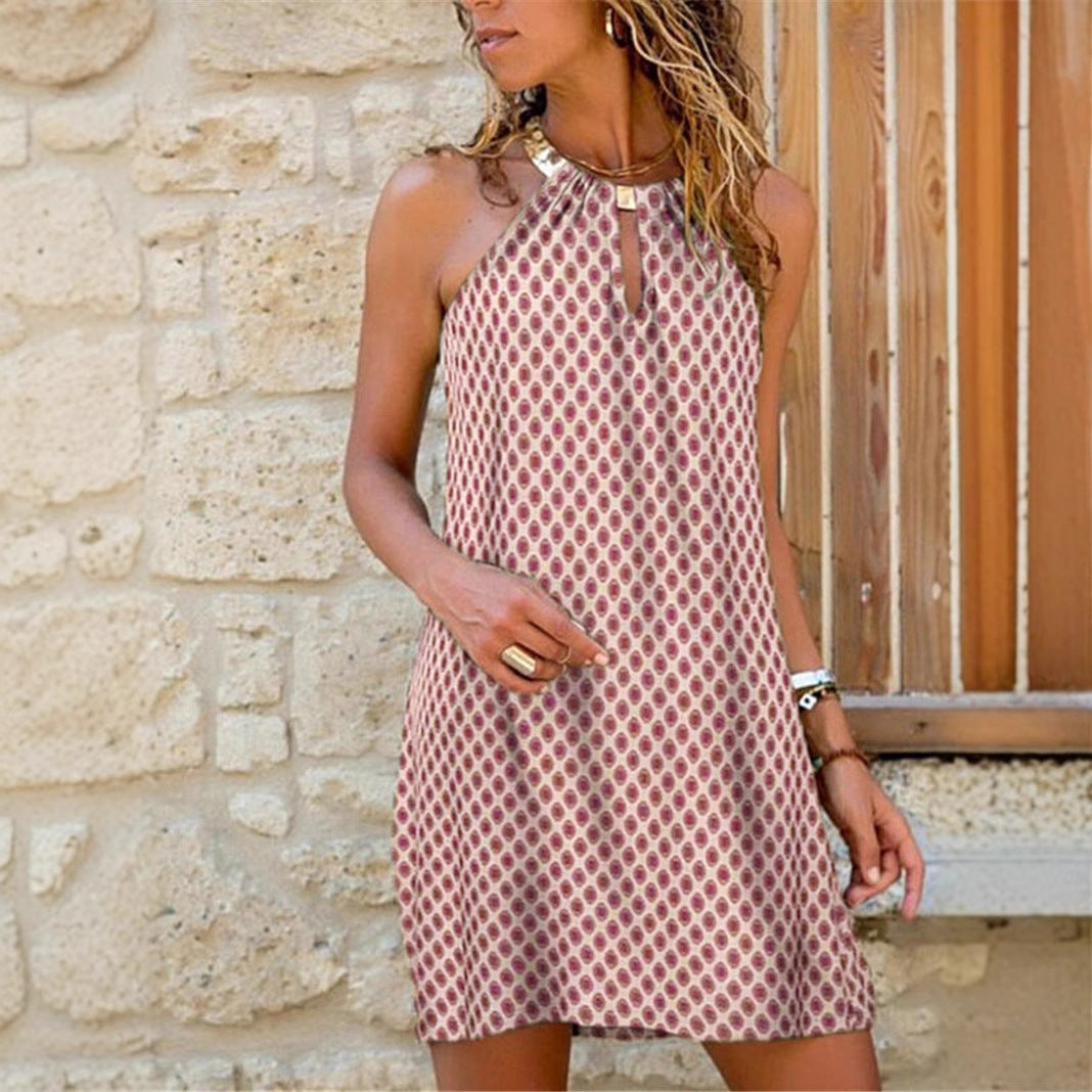 Robe ample sans manches à col halter métallique imprimé, nouvelle collection printemps-été, style européen et américain, vêtement féminin très tendance.