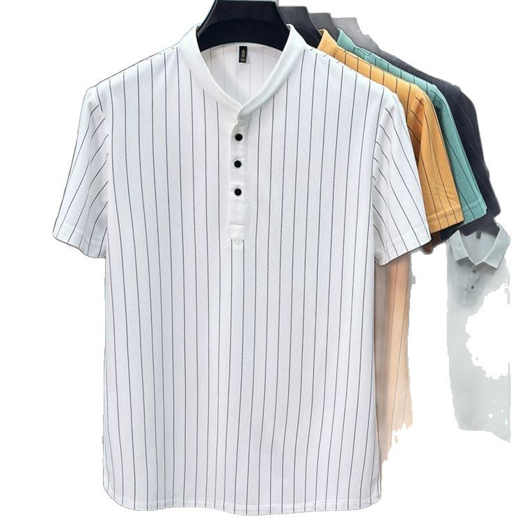 T-shirt homme en soie de mûrier  manches courtes, col montant, rayé, coupe ajustée, style élégant