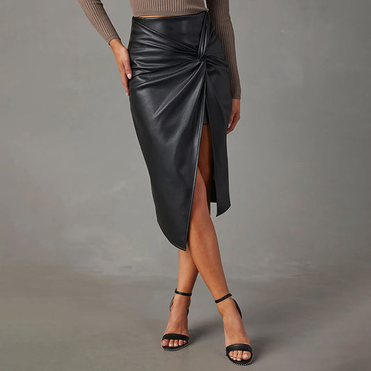 Jupe Sexy en Simili-Cuir Effet Miroir  Taille Haute & Fente Haute