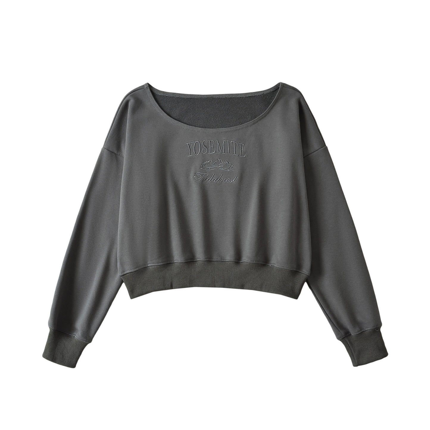 Veste courte dautomne pour femme  Sweat-shirt décontracté style américain, col rond, épaule biaisée, broderie lettres, parfait pour sortir