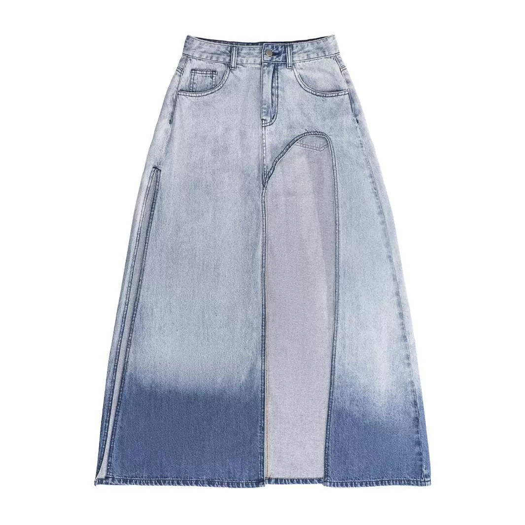 Jupe en Jean Asymétrique à Fente  Effet Dégradé & Style Urbain