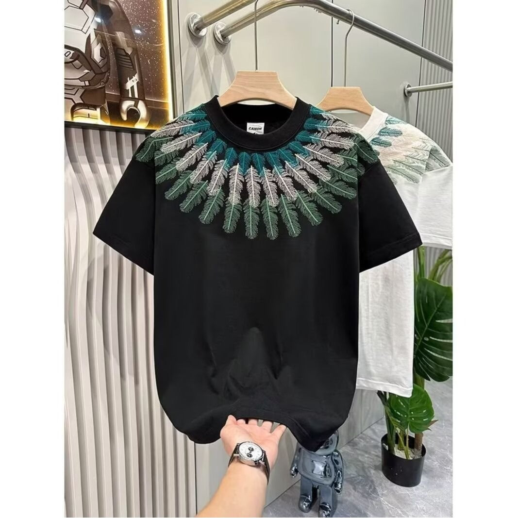 T-shirt homme en coton épais  manches courtes, imprimé vintage, coupe ample, style haut de gamme