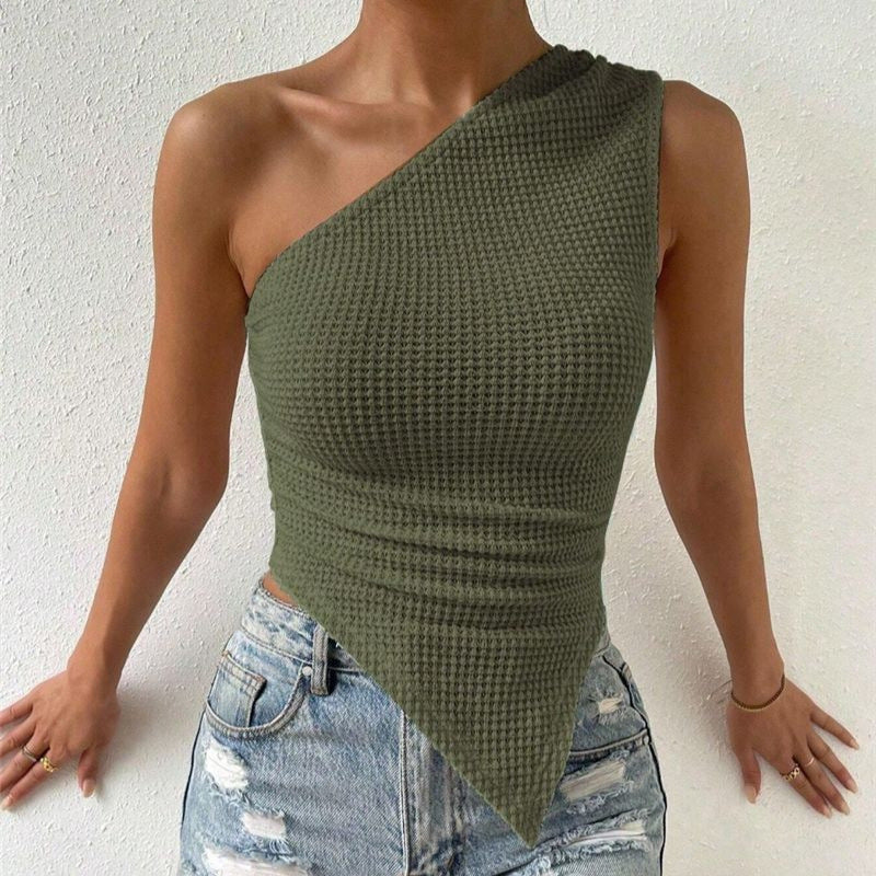 Top Asymétrique Tricoté  Épaule Unique & Sans Manches Chic