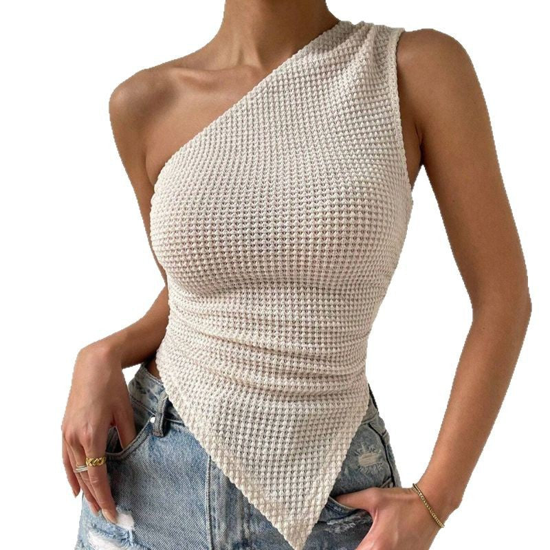 Top Asymétrique Tricoté  Épaule Unique & Sans Manches Chic