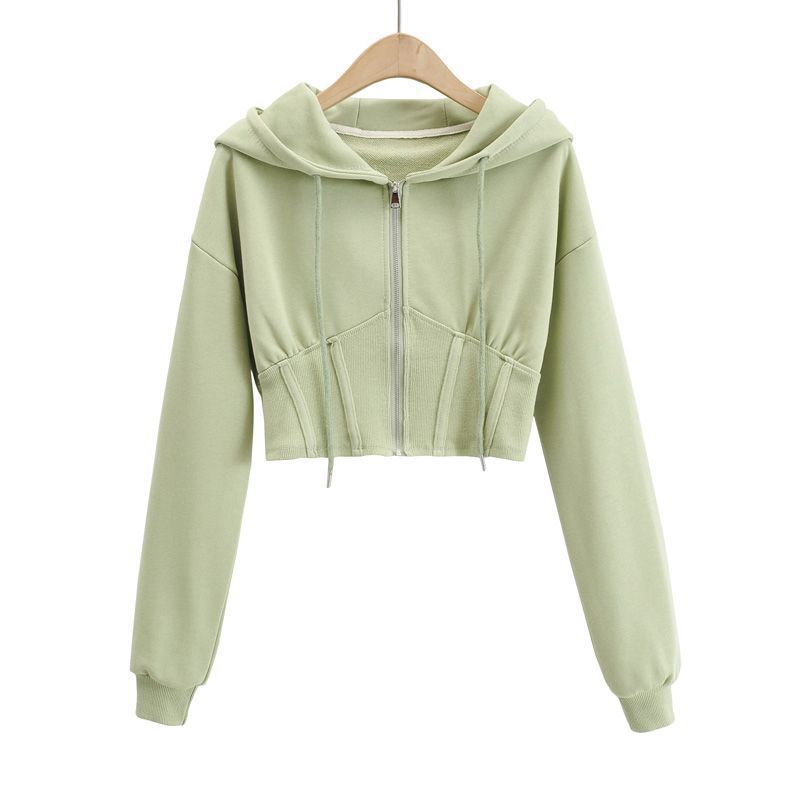 Sweat à Capuche Zippé Femme  Veste Courte Cintrée avec Détail Patch à la Taille