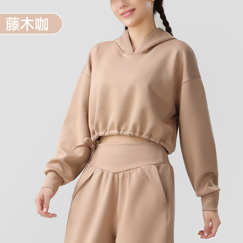 Sweat à capuche en tissu double pour femme  Haut de survêtement ample et court, manches longues, parfait pour le running, le fitness ou l'entraînement en automne