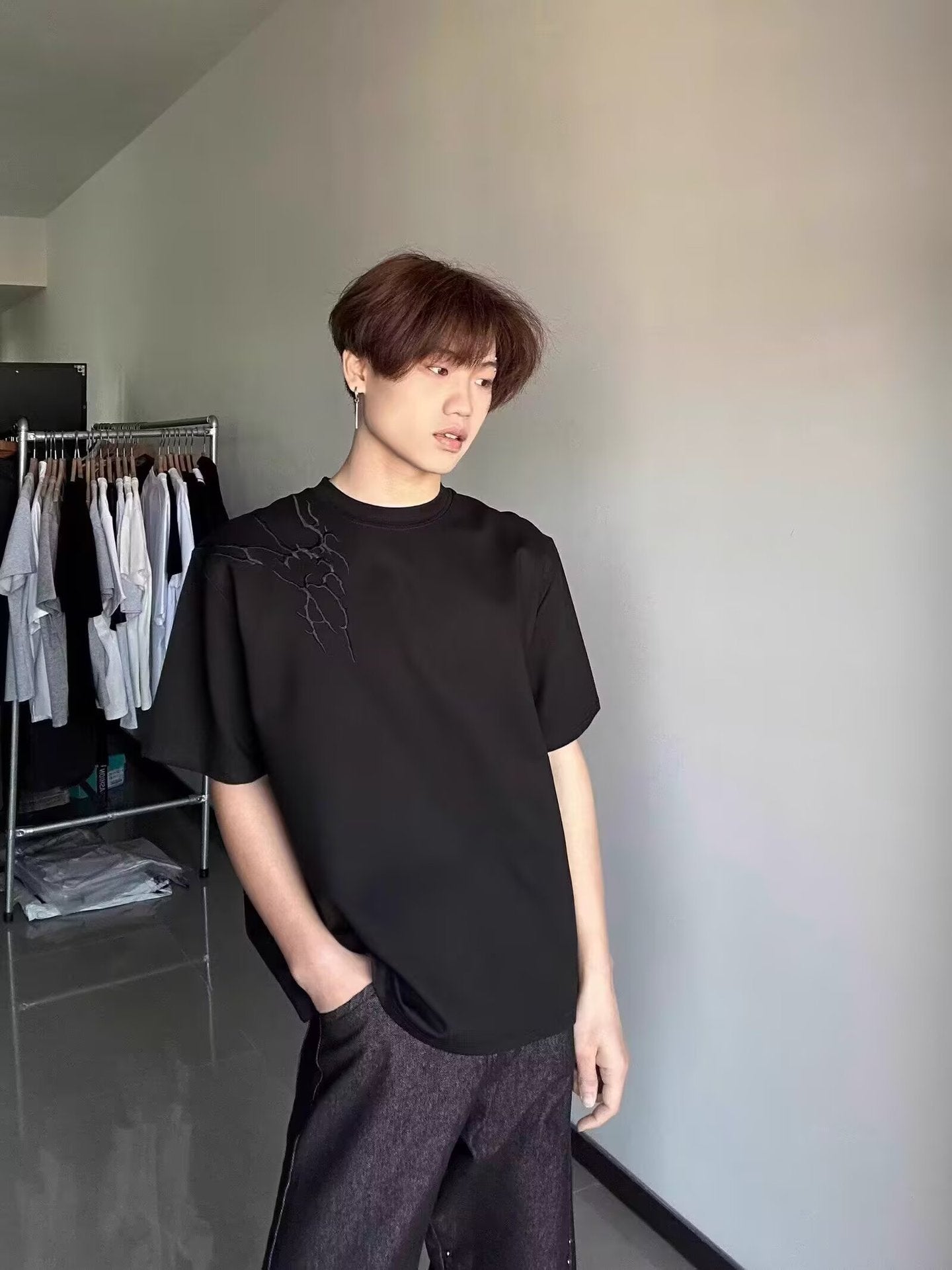 T-shirt homme en coton épais  manches courtes, imprimé vintage, coupe ample, style haut de gamme