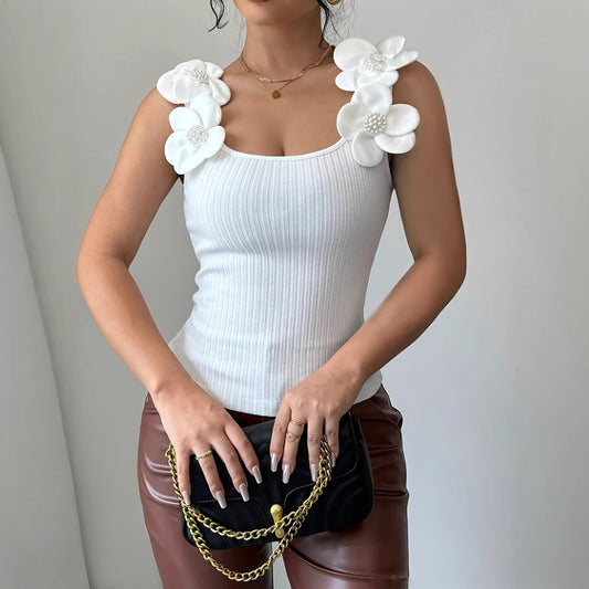 Top Tricoté Fleur 3D  Élégant & Féminin Printemps/Été