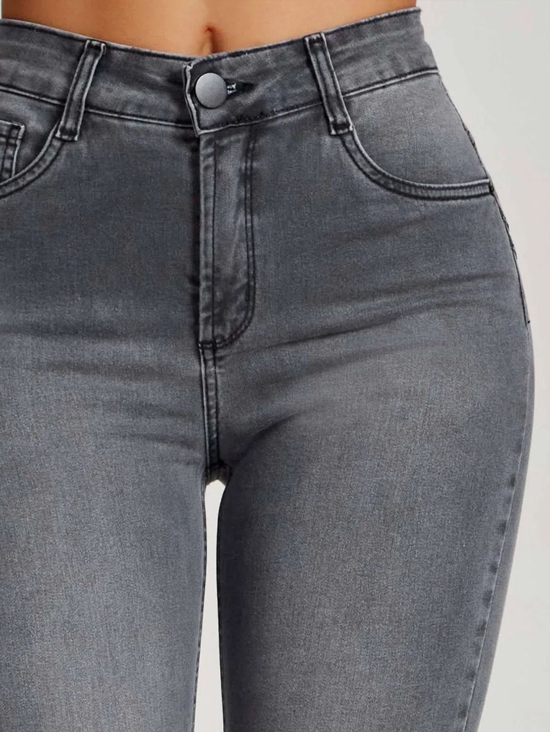 Jean slim gris femme taille haute  coupe moulante extensible, tendance Europe & USA, pantalon skinny élégant