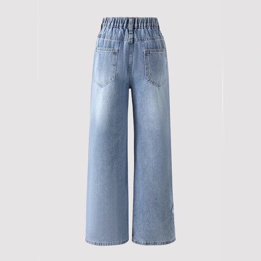Jean Large à Taille Élastique avec Décoration Étoilée  Style Tendance pour Adolescentes