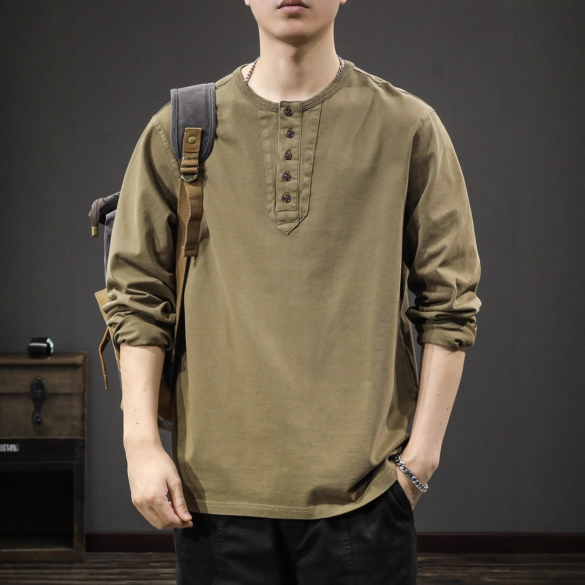 T-shirt à manches longues pour homme  En coton léger, coupe ample, col Henley, style décontracté et tendance