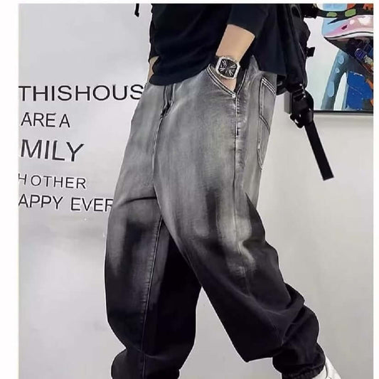 Plus size men's gradient trendy brand new versatile washed cargo jeans men's loose and fat wide-leg pants