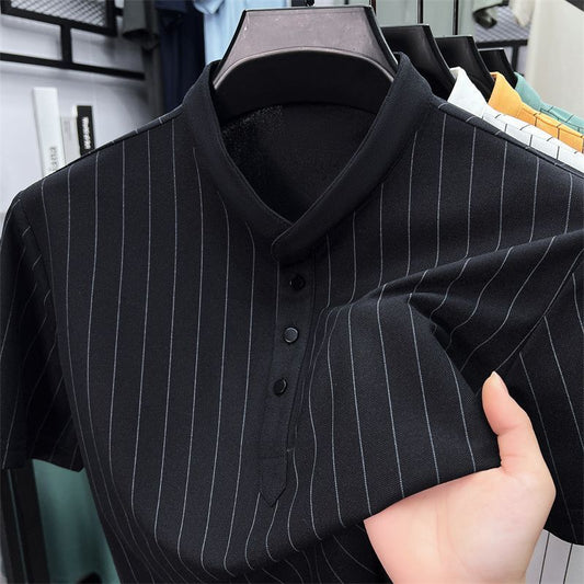 T-shirt homme en soie de mûrier  manches courtes, col montant, rayé, coupe ajustée, style élégant