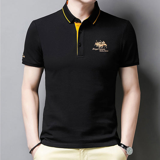 Polo homme grande taille, manches courtes, col à revers, brodé, style business casual, tenue idéale pour homme d'âge moyen.