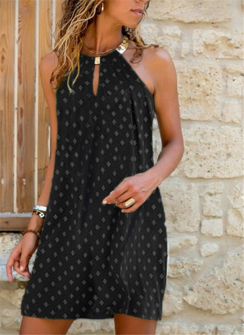 Robe ample sans manches à col halter métallique imprimé, nouvelle collection printemps-été, style européen et américain, vêtement féminin très tendance.