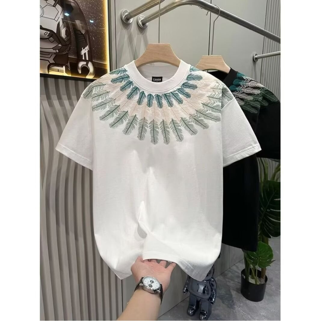 T-shirt homme en coton épais  manches courtes, imprimé vintage, coupe ample, style haut de gamme