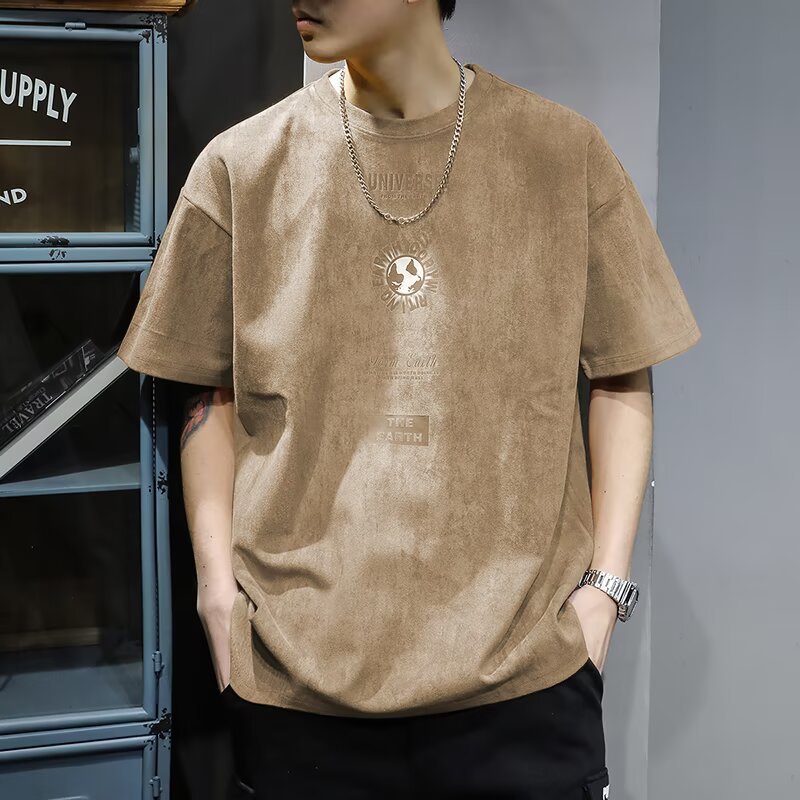 T-shirt homme en coton épais  manches courtes, imprimé vintage, coupe ample, style haut de gamme