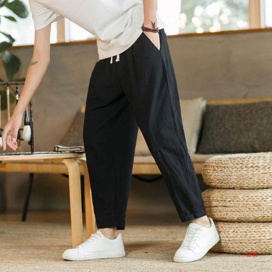 Pantalon décontracté en coton et lin pour homme  Coupe droite et large, style confortable et moderne