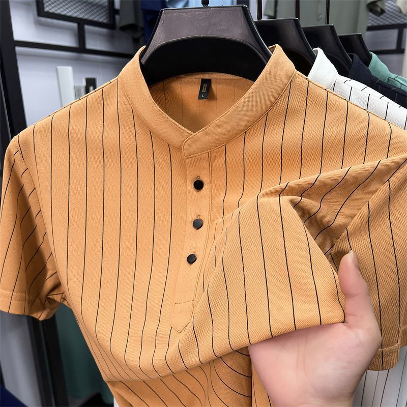T-shirt homme en soie de mûrier  manches courtes, col montant, rayé, coupe ajustée, style élégant