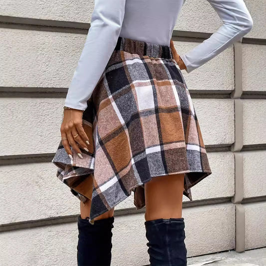 Amazon cross-border Europe and the United States 2024 autumn/winter new women's casual skirt spliced plaid belt skirt