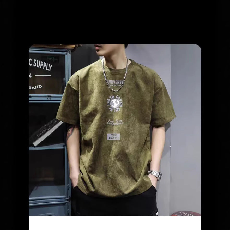 T-shirt homme en coton épais  manches courtes, imprimé vintage, coupe ample, style haut de gamme