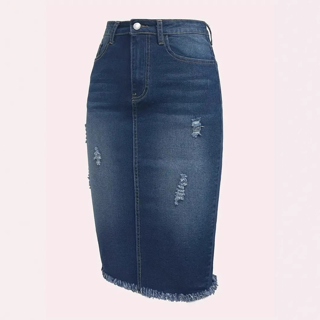Jupe Mi-Longue en Jean Effet Brut  Taille Haute & Coupe Affinante