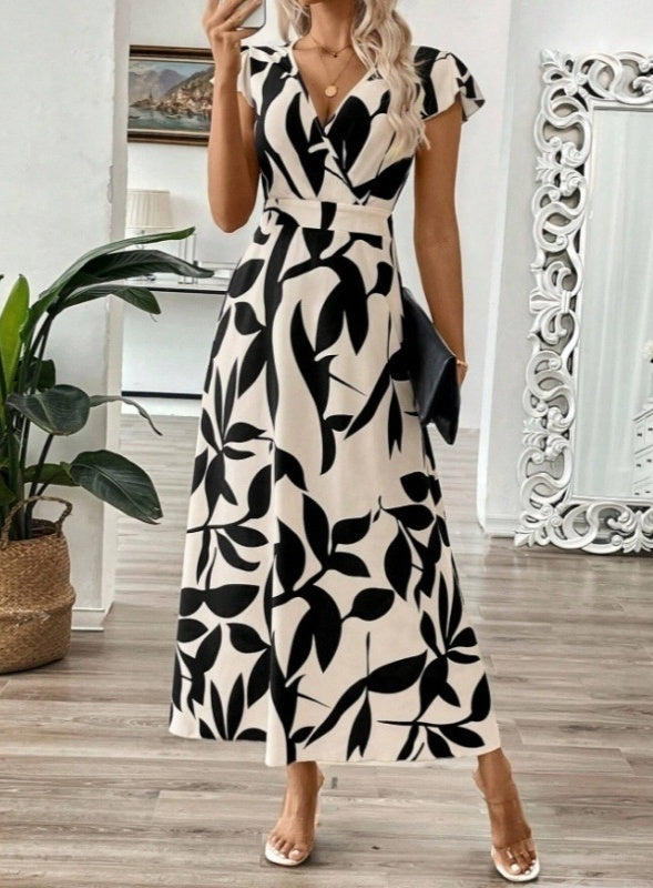 Robe longue d'été pour femme, élégante, à imprimé, col en V et manches courtes à volants.