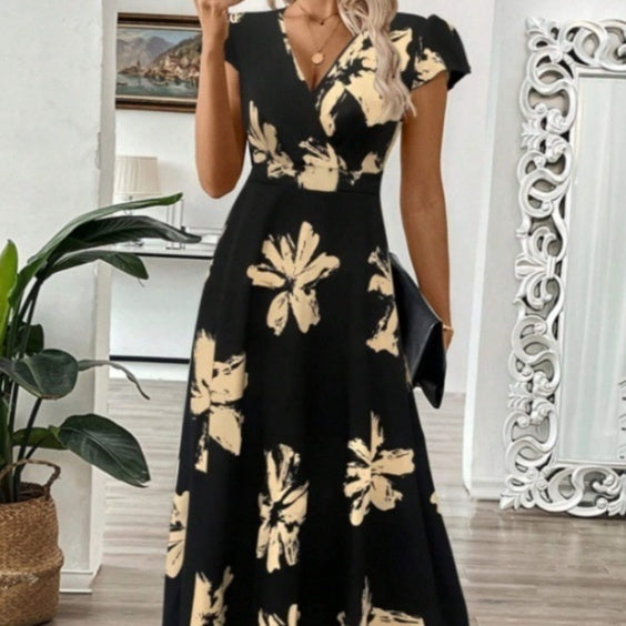 Robe longue d'été pour femme, élégante, à imprimé, col en V et manches courtes à volants.