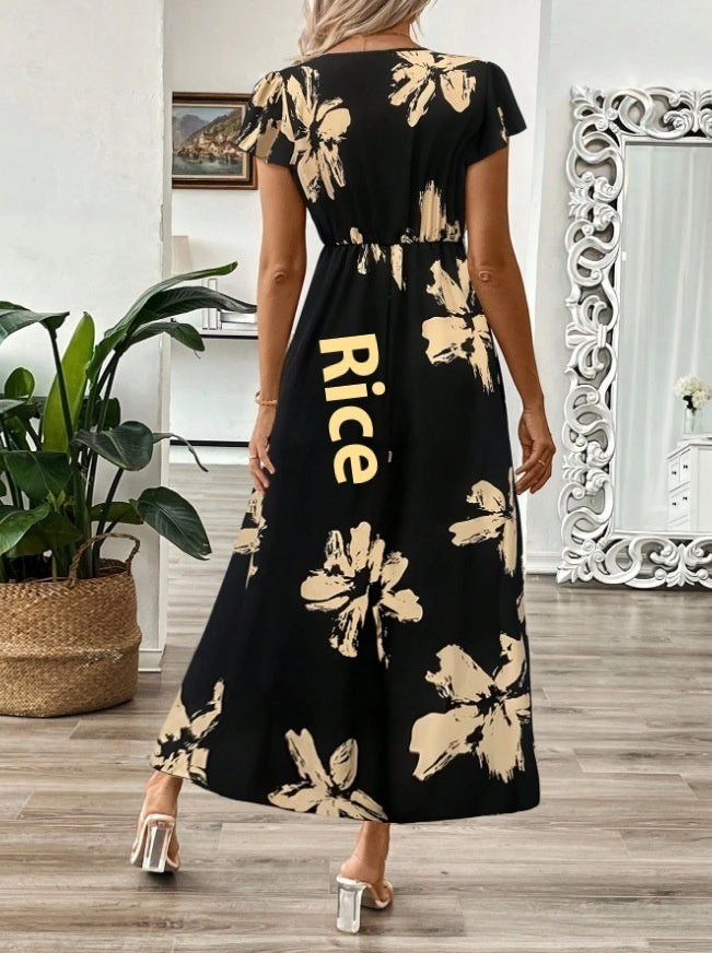 Robe longue d'été pour femme, élégante, à imprimé, col en V et manches courtes à volants.