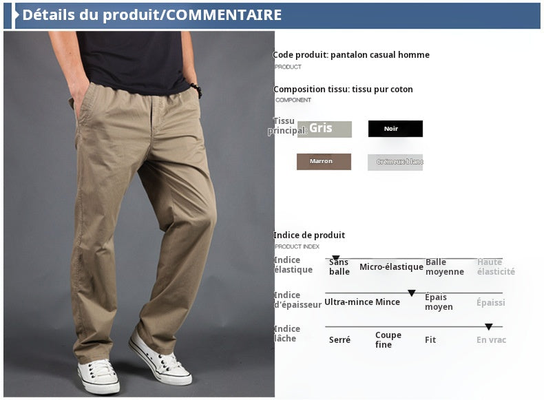 Pantalon cargo en coton pour homme  Coupe droite et ample, taille élastique, style décontracté et tendance